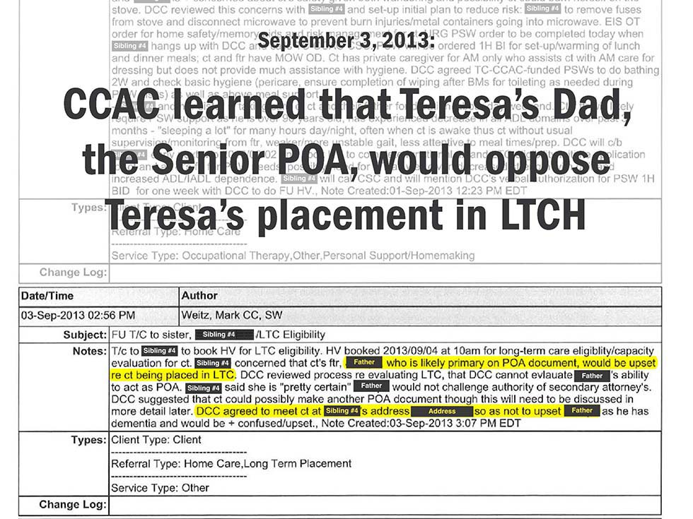 September 3, 2013: TCCAC learned that Teresa’s Dad, the Senior POA, would oppose Teresa’s placement in LTCH