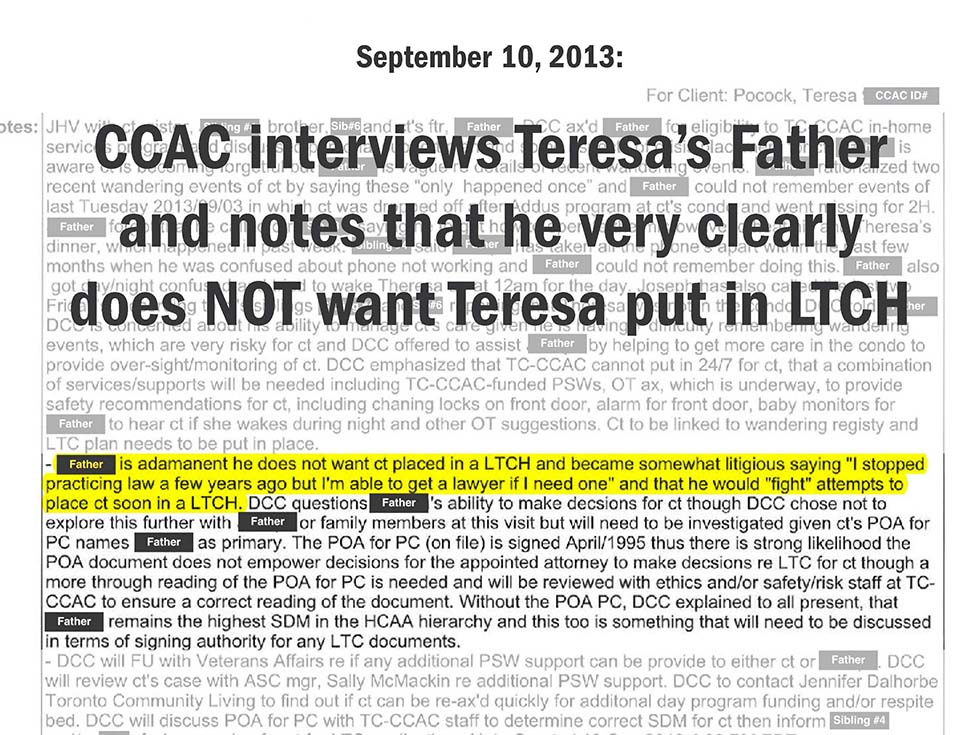 September 10, 2013: CCAC interviews Teresa’s Father and notes that he very clearly does NOT want Teresa put in LTCH