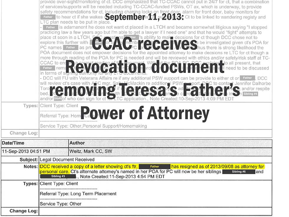 September 11, 2013: CCAC receives Revocation document removing Teresa’s Father’s Power of Attorney