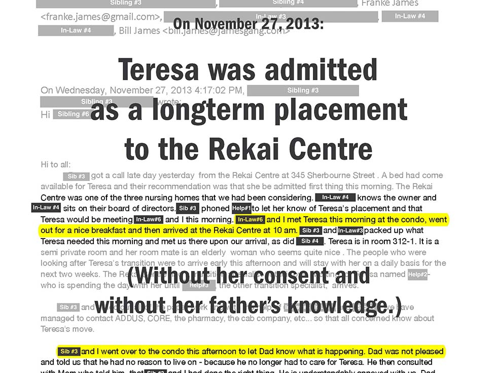On November 27, 2013: Teresa was admitted as a longterm placement to the Rekai Centre (Without her consent and without her father’s knowledge.)