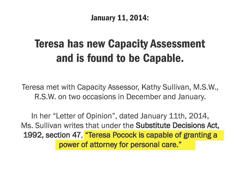 January 11, 2014: Teresa has new Capacity Assessment and is found to be Capable.